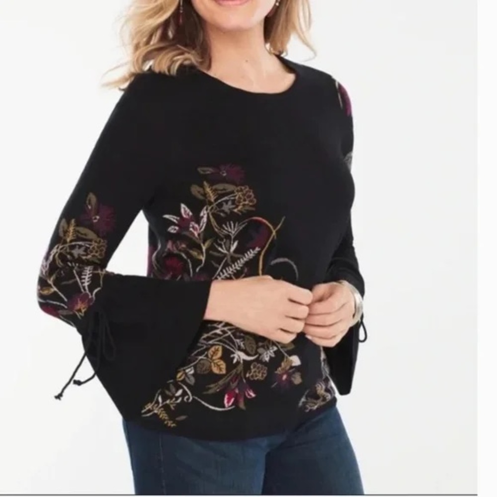 Chicos Jacquard Sweater Crew Botanical Flowers Floral Black Bell Sleeve Flared